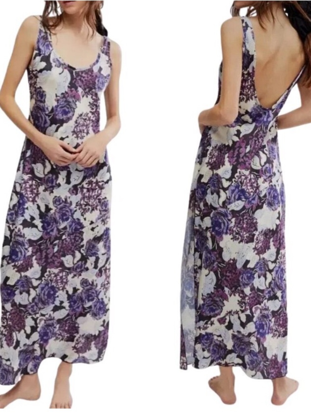 Free People Worth The Wait Satin Slip Dress Maxi In Floral Dark Night XL
